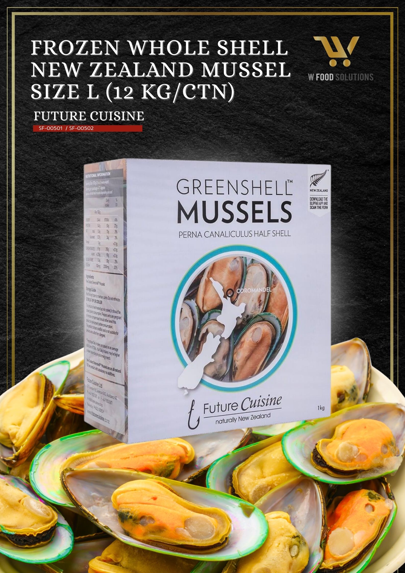 FROZEN WHOLE SHELL NEW ZEALAND MUSSEL SIZE L (12 KG/CTN)